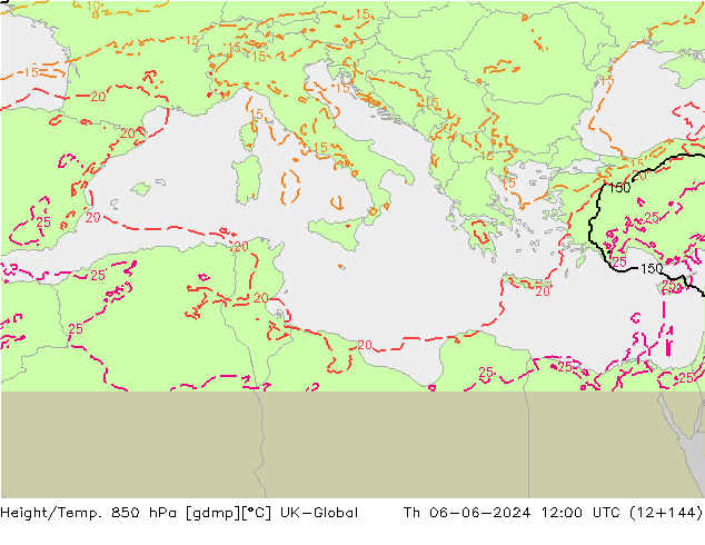 Height/Temp. 850 hPa UK-Global Th 06.06.2024 12 UTC