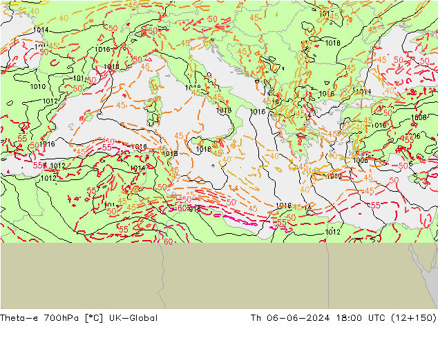 Theta-e 700hPa UK-Global Th 06.06.2024 18 UTC