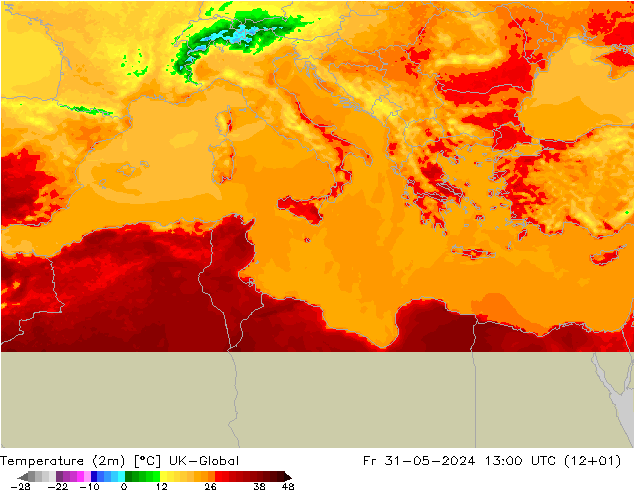 Sıcaklık Haritası (2m) UK-Global Cu 31.05.2024 13 UTC