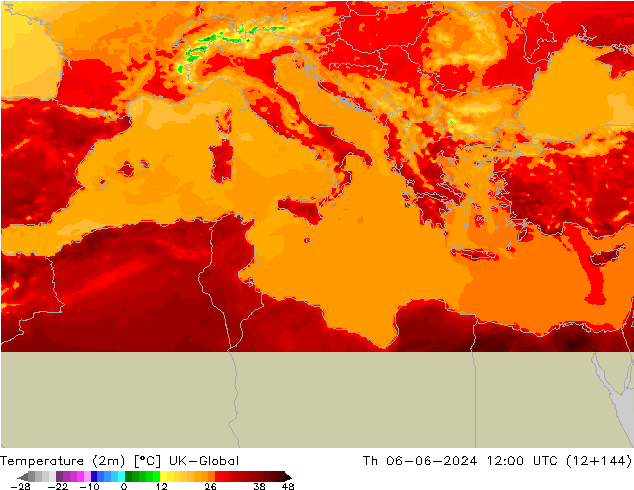Temperature (2m) UK-Global Th 06.06.2024 12 UTC