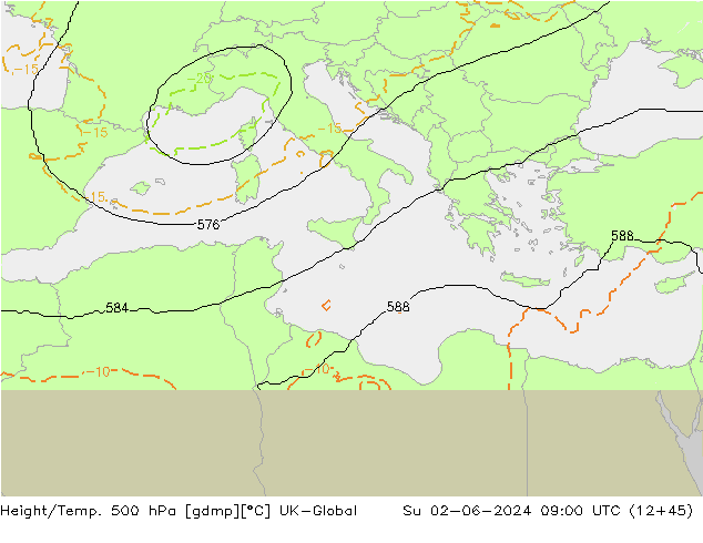 Height/Temp. 500 hPa UK-Global Su 02.06.2024 09 UTC