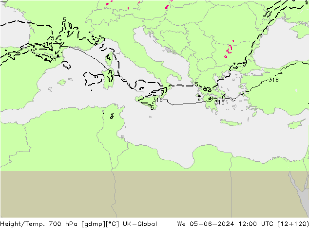 Height/Temp. 700 hPa UK-Global St 05.06.2024 12 UTC