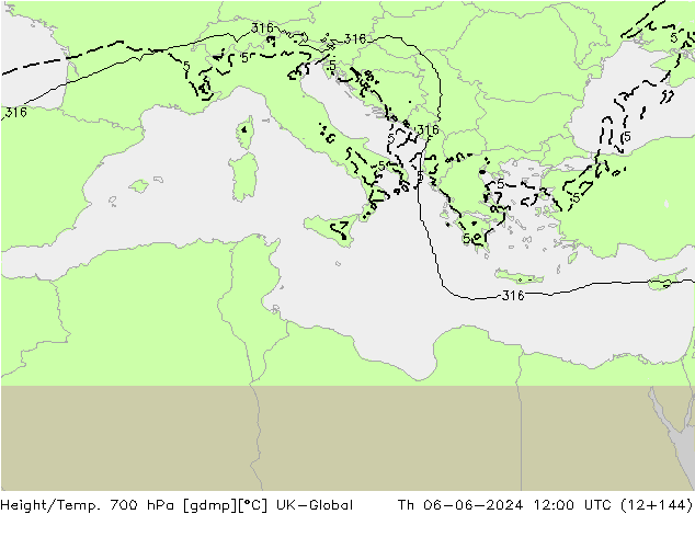 Height/Temp. 700 hPa UK-Global Th 06.06.2024 12 UTC