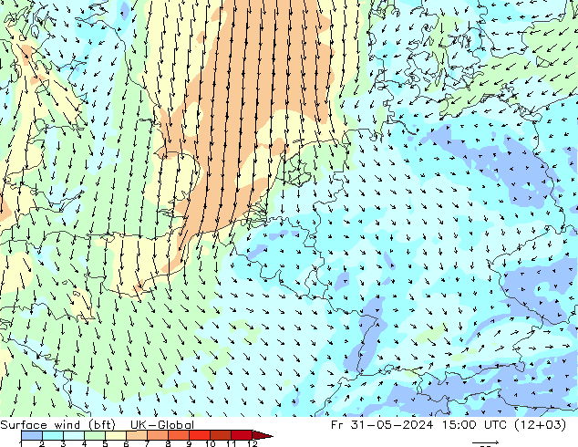 Vento 10 m (bft) UK-Global Sex 31.05.2024 15 UTC