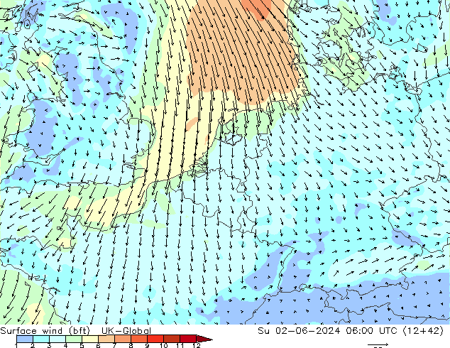 Surface wind (bft) UK-Global Su 02.06.2024 06 UTC