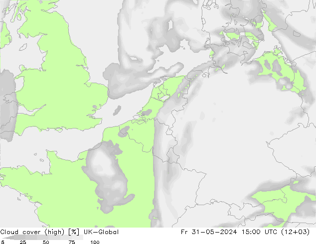 Cloud cover (high) UK-Global Fr 31.05.2024 15 UTC
