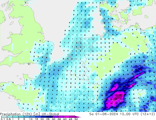 降水量 (12h) UK-Global 星期六 01.06.2024 00 UTC