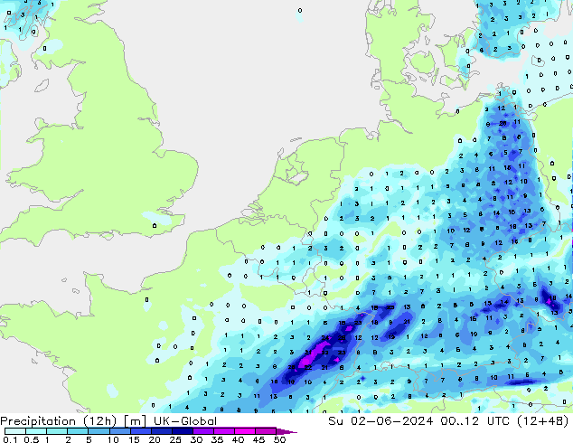 Precipitazione (12h) UK-Global dom 02.06.2024 12 UTC