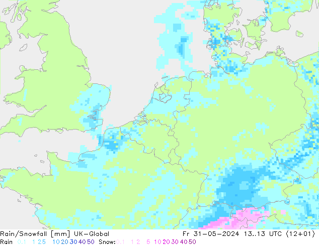 Rain/Snowfall UK-Global Fr 31.05.2024 13 UTC