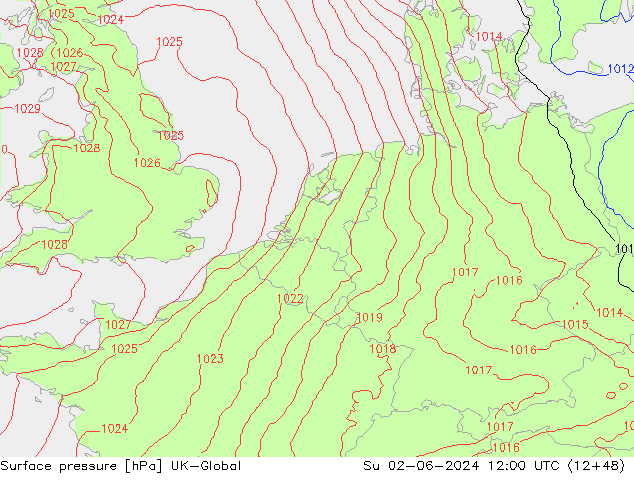 Pressione al suolo UK-Global dom 02.06.2024 12 UTC