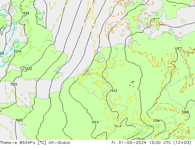 Theta-e 850hPa UK-Global Fr 31.05.2024 15 UTC