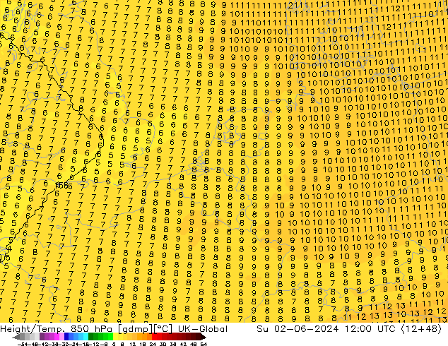 Height/Temp. 850 hPa UK-Global Su 02.06.2024 12 UTC