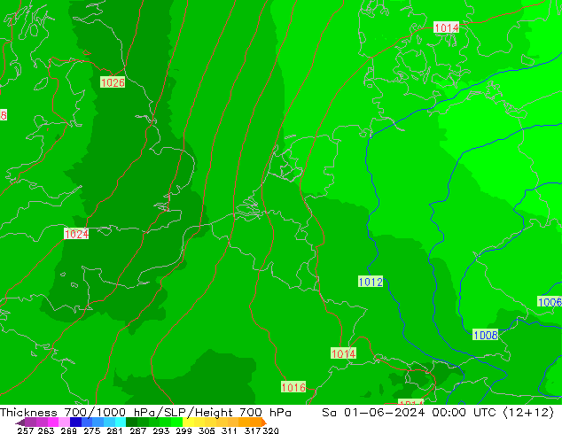 Thck 700-1000 hPa UK-Global sam 01.06.2024 00 UTC