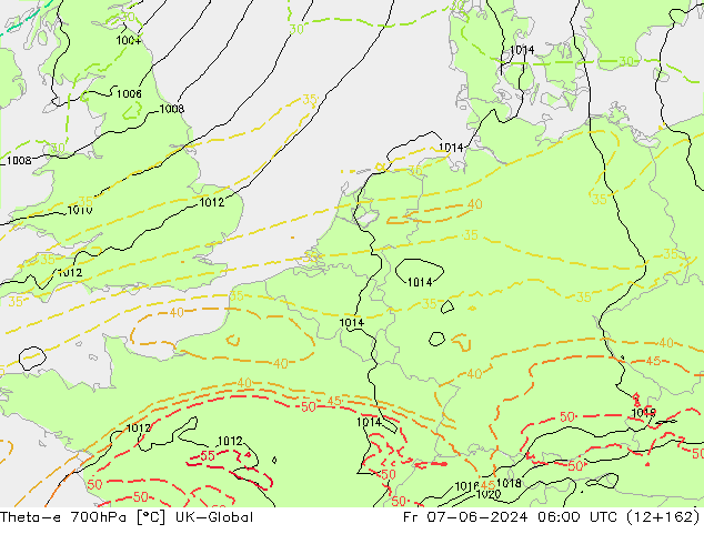 Theta-e 700hPa UK-Global Fr 07.06.2024 06 UTC