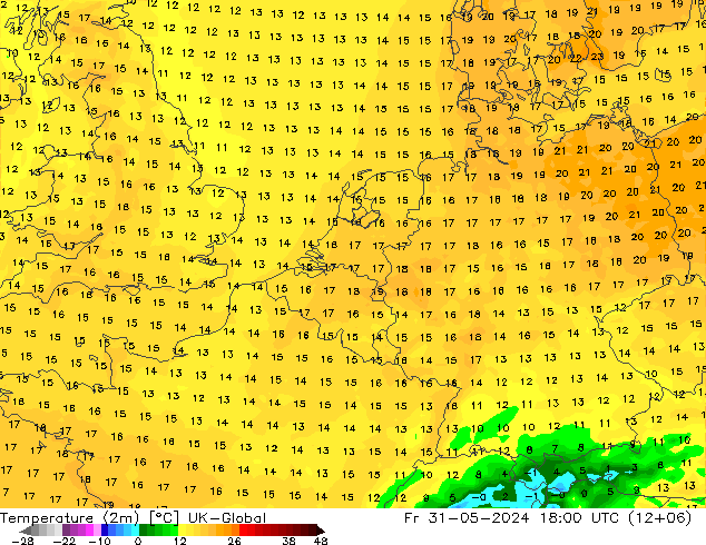 Temperature (2m) UK-Global Fr 31.05.2024 18 UTC