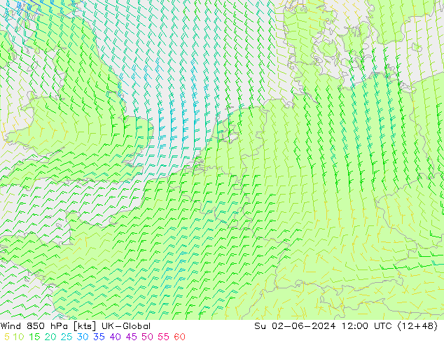 Wind 850 hPa UK-Global So 02.06.2024 12 UTC