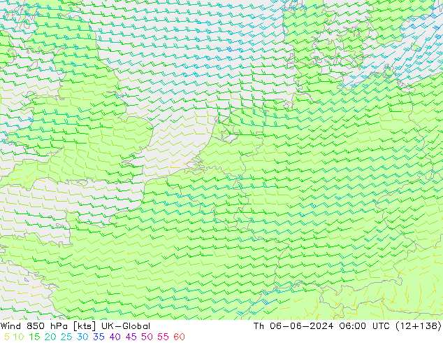 Wind 850 hPa UK-Global Th 06.06.2024 06 UTC