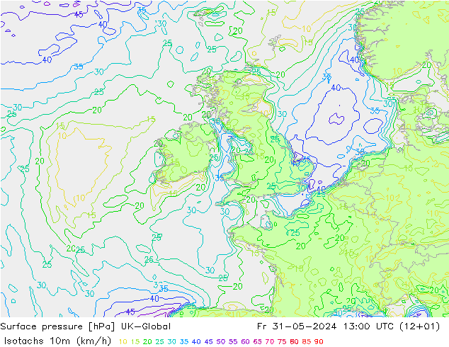 Isotachs (kph) UK-Global Fr 31.05.2024 13 UTC