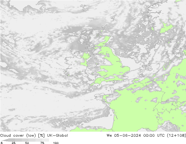 Cloud cover (low) UK-Global We 05.06.2024 00 UTC