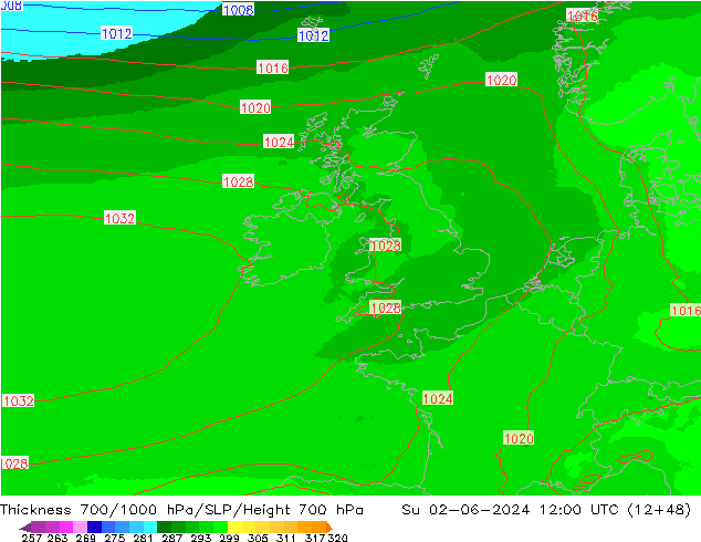 700-1000 hPa Kalınlığı UK-Global Paz 02.06.2024 12 UTC