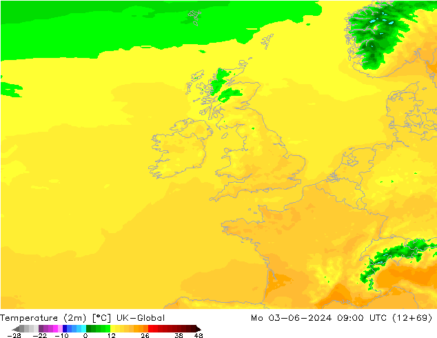 Temperatura (2m) UK-Global Seg 03.06.2024 09 UTC