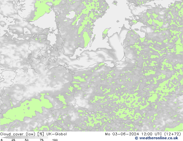 Cloud cover (low) UK-Global Mo 03.06.2024 12 UTC