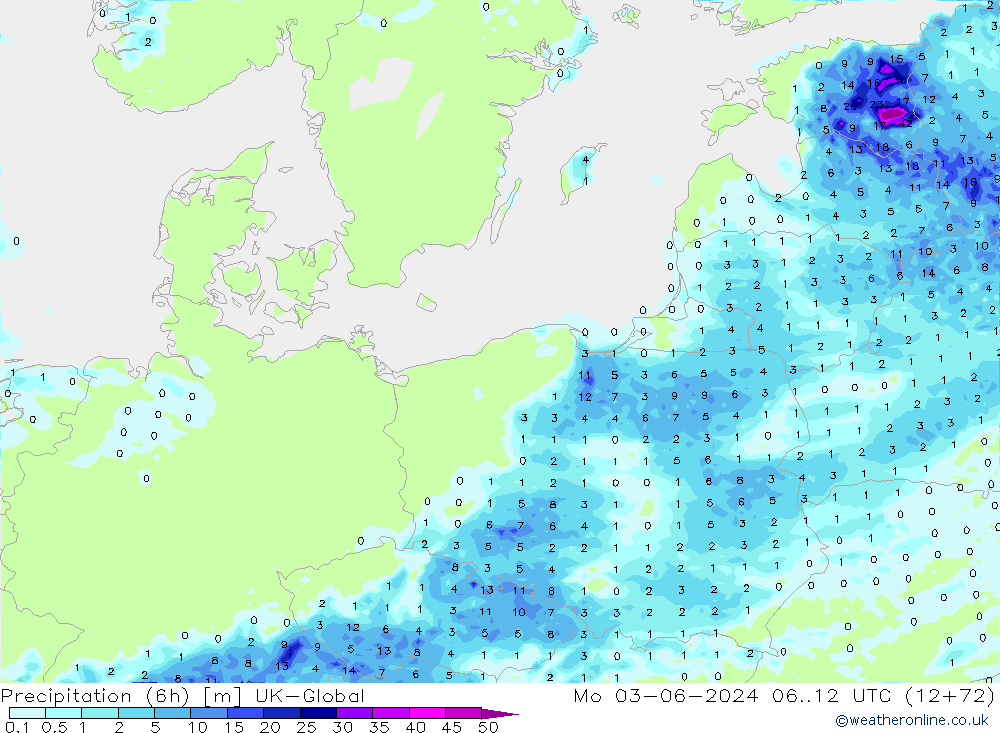 Precipitation (6h) UK-Global Po 03.06.2024 12 UTC