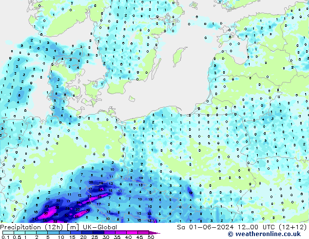 Totale neerslag (12h) UK-Global za 01.06.2024 00 UTC