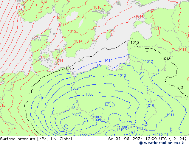 Pressione al suolo UK-Global sab 01.06.2024 12 UTC