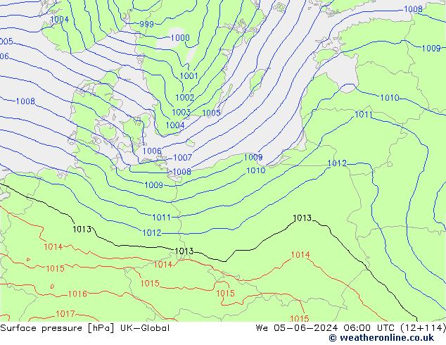 Pressione al suolo UK-Global mer 05.06.2024 06 UTC