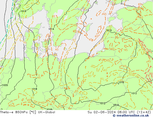 Theta-e 850hPa UK-Global Su 02.06.2024 06 UTC