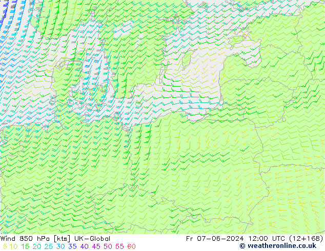 Wind 850 hPa UK-Global Fr 07.06.2024 12 UTC