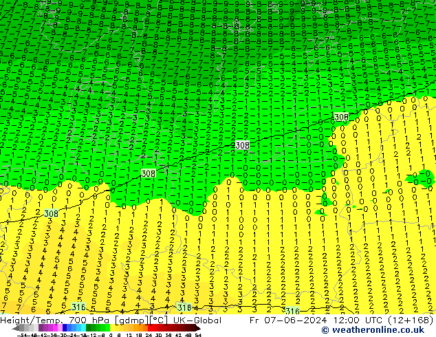 Height/Temp. 700 hPa UK-Global Fr 07.06.2024 12 UTC