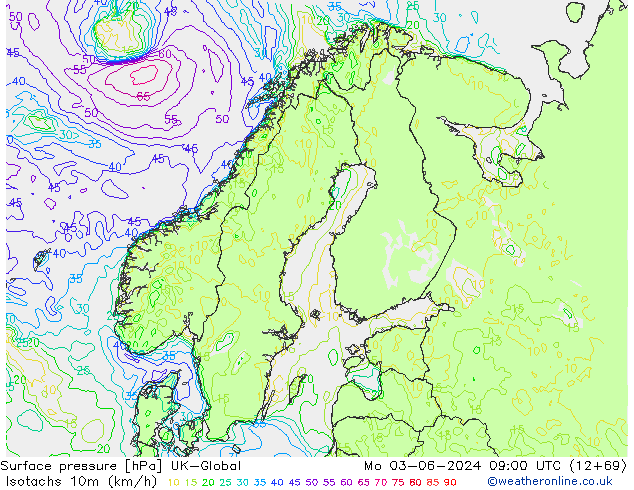 Isotachs (kph) UK-Global lun 03.06.2024 09 UTC