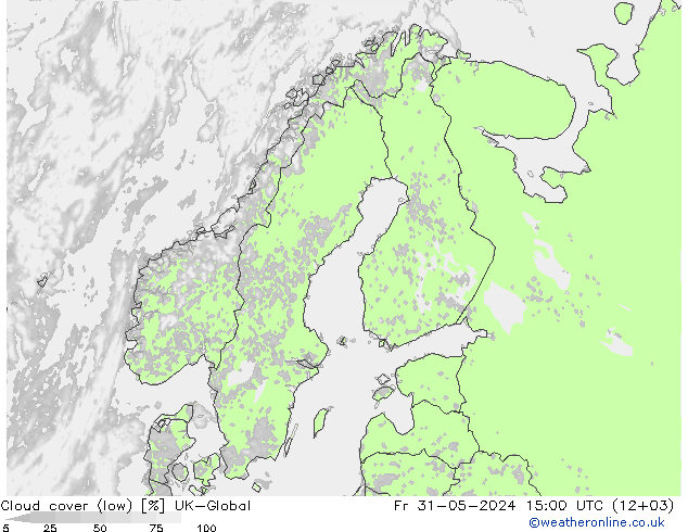 Cloud cover (low) UK-Global Fr 31.05.2024 15 UTC