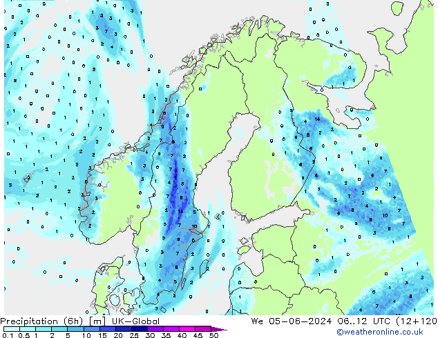 Precipitation (6h) UK-Global St 05.06.2024 12 UTC
