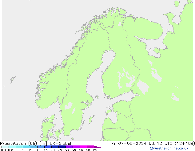 Precipitation (6h) UK-Global Fr 07.06.2024 12 UTC