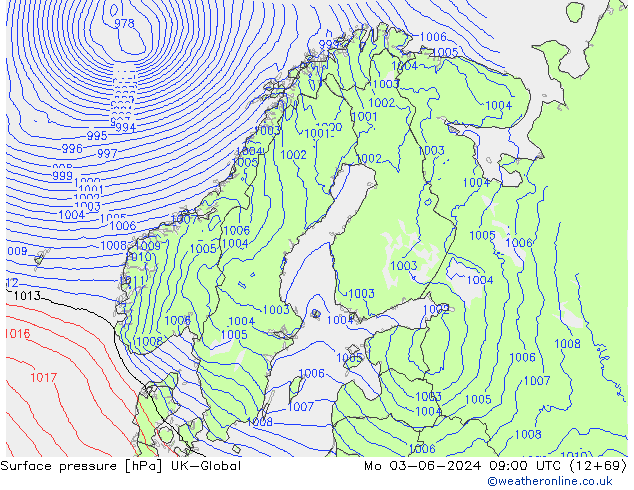 Presión superficial UK-Global lun 03.06.2024 09 UTC
