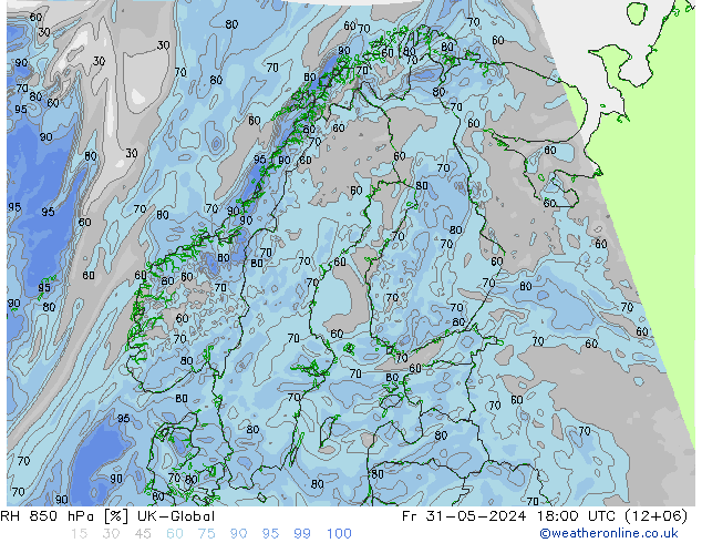 RH 850 hPa UK-Global Fr 31.05.2024 18 UTC