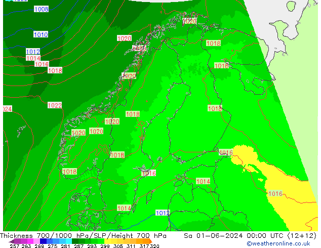 Thck 700-1000 hPa UK-Global so. 01.06.2024 00 UTC