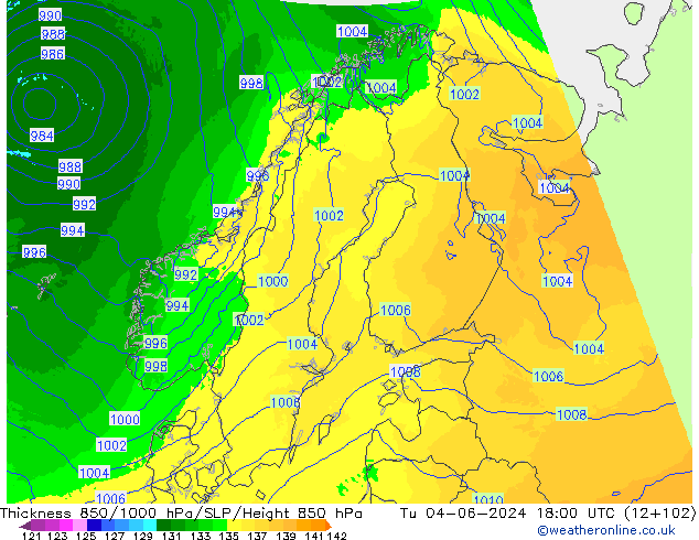 Schichtdicke 850-1000 hPa UK-Global Di 04.06.2024 18 UTC