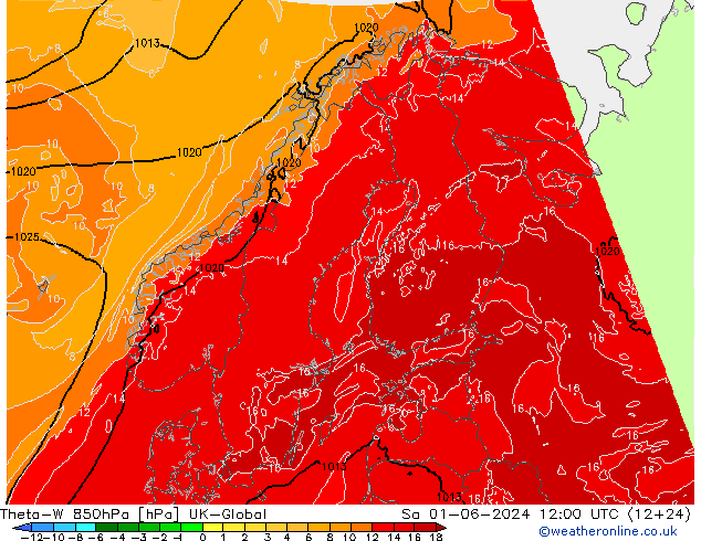 Theta-W 850hPa UK-Global 星期六 01.06.2024 12 UTC
