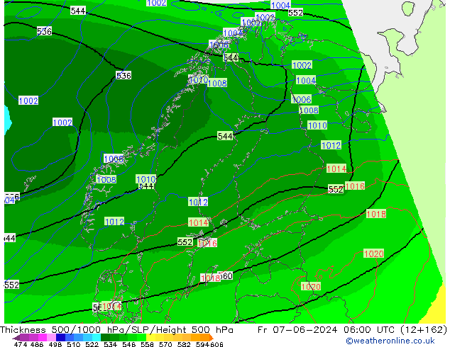 Thck 500-1000гПа UK-Global пт 07.06.2024 06 UTC