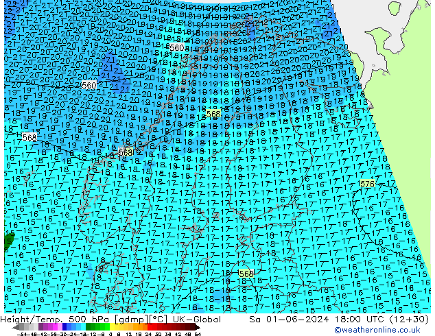 Height/Temp. 500 hPa UK-Global sab 01.06.2024 18 UTC