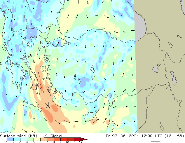 Surface wind (bft) UK-Global Pá 07.06.2024 12 UTC