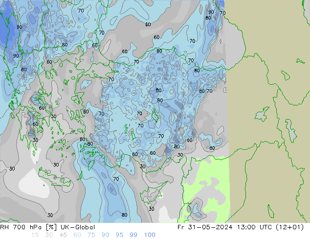 Humidité rel. 700 hPa UK-Global ven 31.05.2024 13 UTC