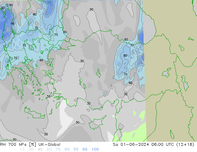 RH 700 hPa UK-Global sab 01.06.2024 06 UTC