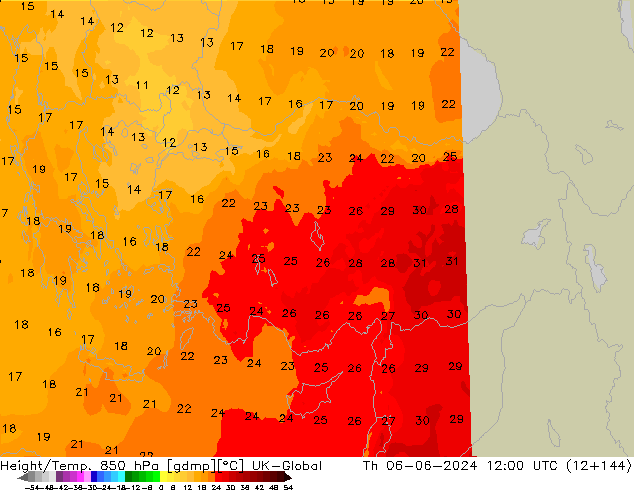 Geop./Temp. 850 hPa UK-Global jue 06.06.2024 12 UTC