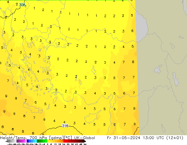 Height/Temp. 700 hPa UK-Global Fr 31.05.2024 13 UTC