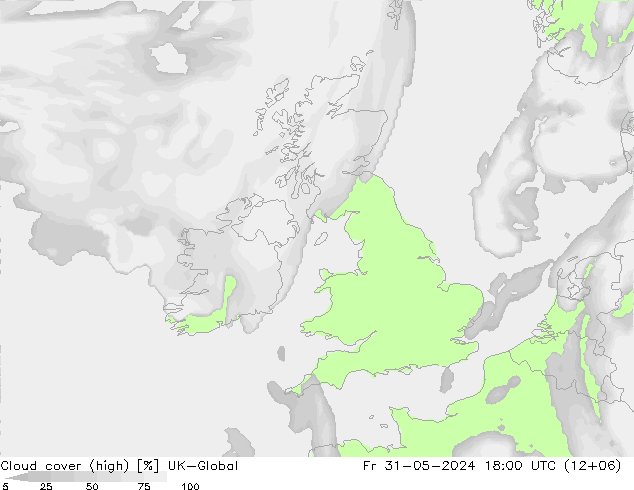 Cloud cover (high) UK-Global Fr 31.05.2024 18 UTC